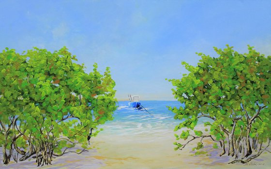 COASTAL PARADISE. SANIBEL ISLAND BEACH. Tropical Island Seascape Painting of Florida Beach and Fishing Boat.