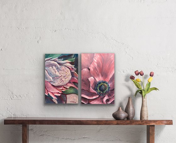 115 Set of 2 Flower oil artworks, Pink flower, Pink Gallery wall art, Original oil art on canvas, Floral Wall Decor