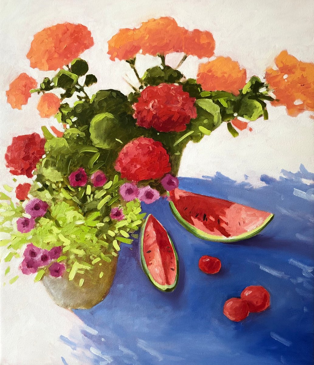 Impressionistic Botanical Oil Painting By Volodymyr Smoliak, 24 X 28", Flowers With Watermelon, Original Artwork