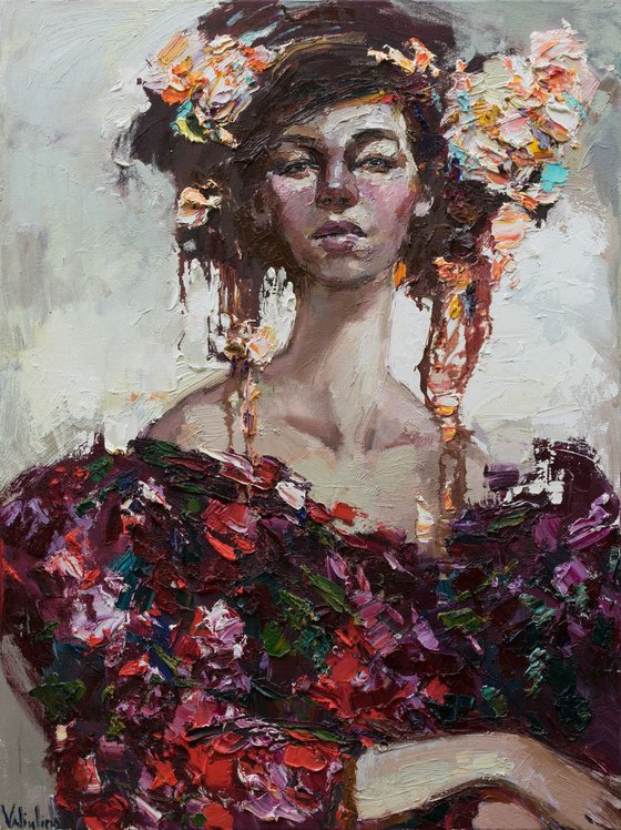 Woman with flowers - Original oil girl portrait painting