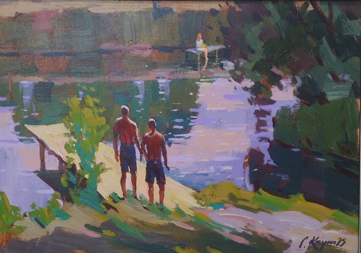 Impressionistic Landscape Acrylic Painting By Sergey Kachin, 28 X 20", On The River, Original Artwork