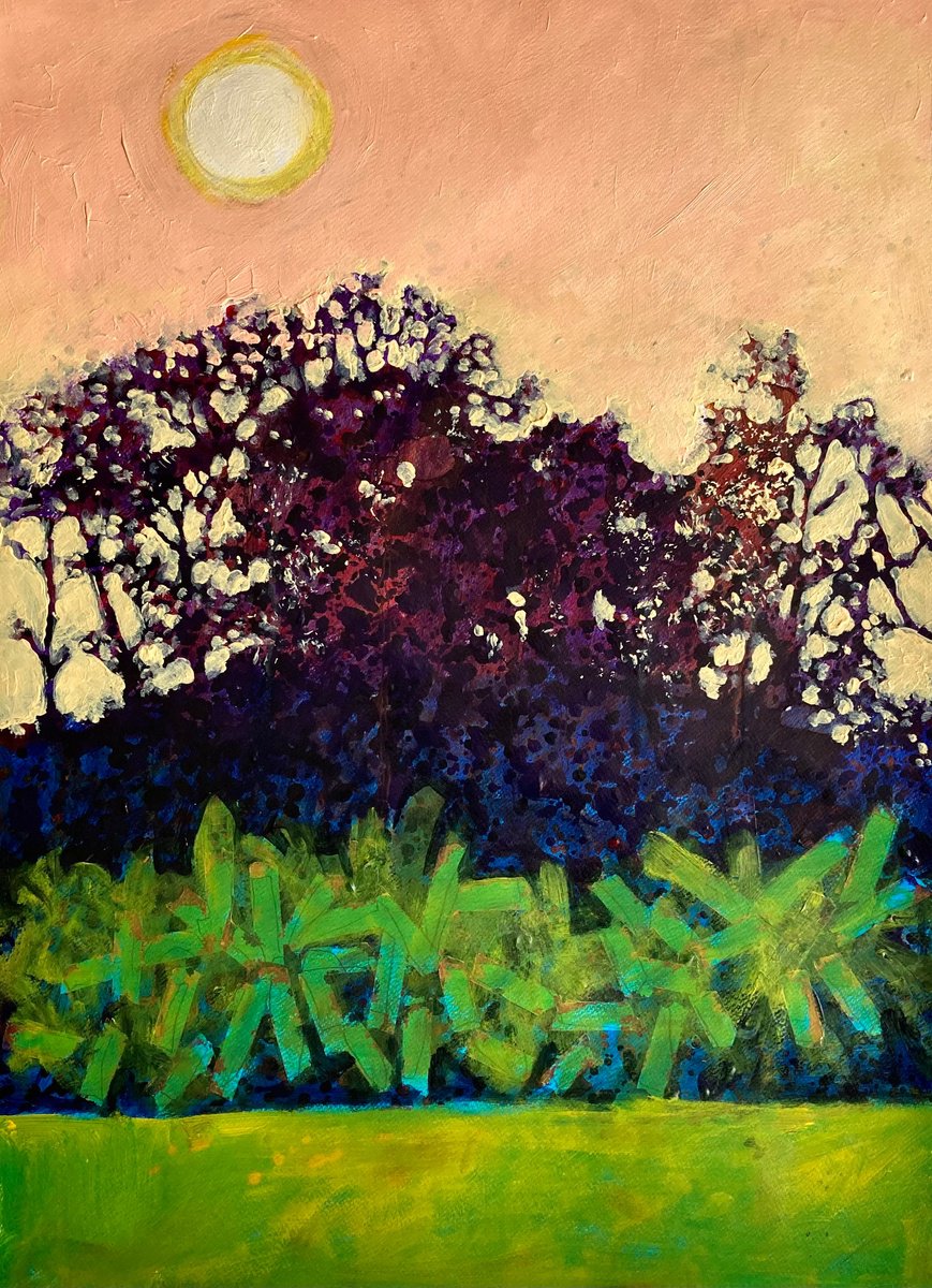 Impressionistic Landscape Acrylic Painting By John Cottee, 22 X 30, Sun & Bananas, Original Artwork