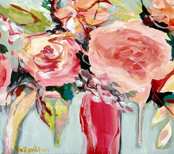 GREENS 'N' ROSES - 40 X 30 CM - FLORAL PAINTING ON CANVAS *RED *GREEN