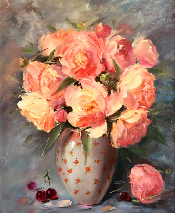 PEACH BLOSSOMS OF PEONIES - Modern still life. Beautiful peonies. Peach flowers. Abstract bouquet. Tenderness. Attention. Kindness.