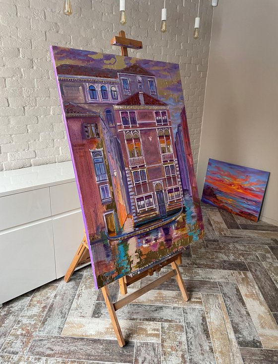 In the windows of Venice. Architecture and cityscape. Street of Venice. Venice oil painting. Big size