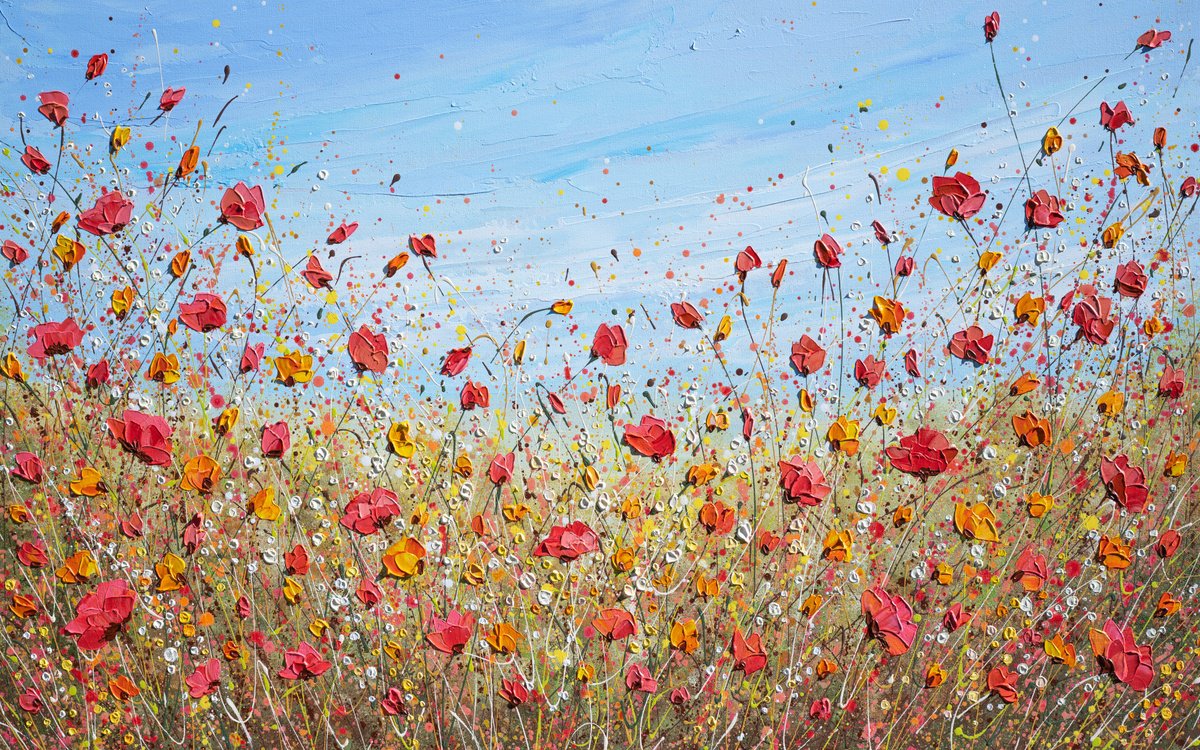  Sunlit Poppies - Wildflower Meadow Painting By Olga Tkachyk, 48 X 30, Artwork For Sale On Artfinder