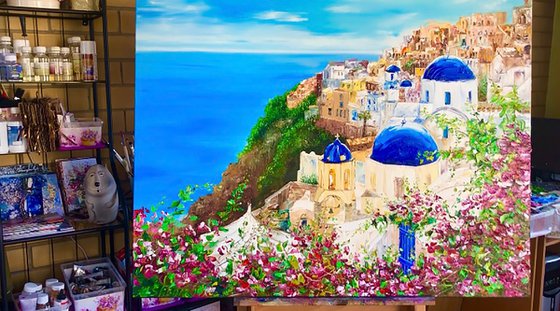 SUNNY SANTORINI - Summer. Sea. Greece. Resort. Hotel. Aegean Sea. Old city. White houses. Seaside. Mountains.