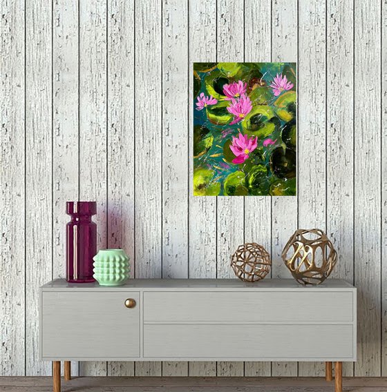 Water Lily Painting Floral Original Art Lotos Flower Oil Impasto Canvas Artwork Home Wall Art 14 by 18" by Halyna Kirichenko