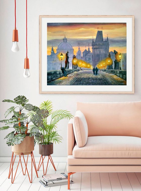 Twilight Prague Charles Bridge Original Oil Painting Couple Romantic Cityscape Lilac Orange