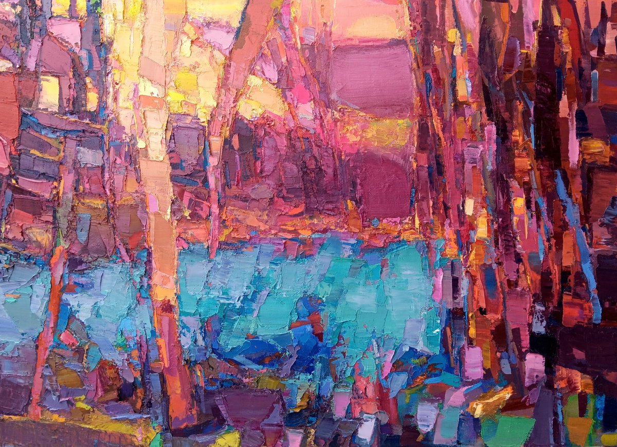 Expressive Landscape Oil Painting By Ruslan Khais, 42 X 30", The Nightfall, Original Artwork