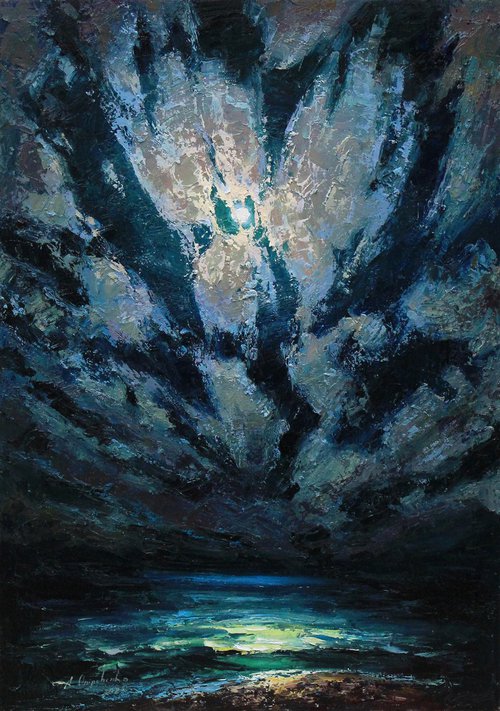 Movement of the night, moon and clouds over sea by Alisa Onipchenko-Cherniakovska