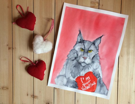 Valentine Cat portrait  with red heart - Funny gift idea for animal lover - I'm your Valentine