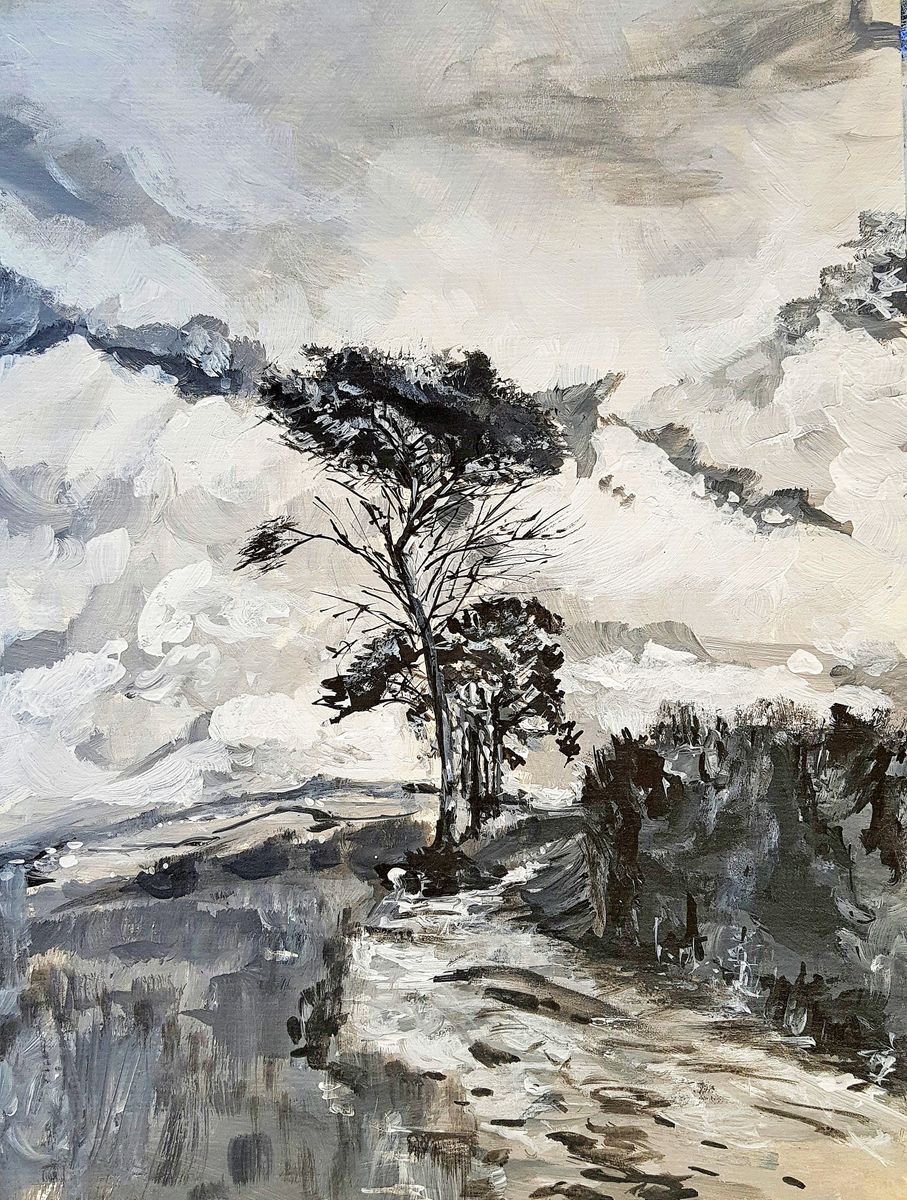 Impressionistic Landscape Acrylic Painting By Leonid Kirnus, 11 X 15", Three Pine Trees, Original Artwork