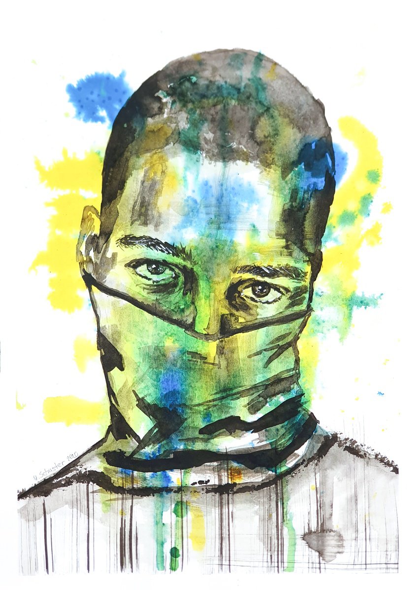 Graphic Portrait Ink Drawing By Yulia Schuster, 8 X 11", Shelter In Color, Original Artwork