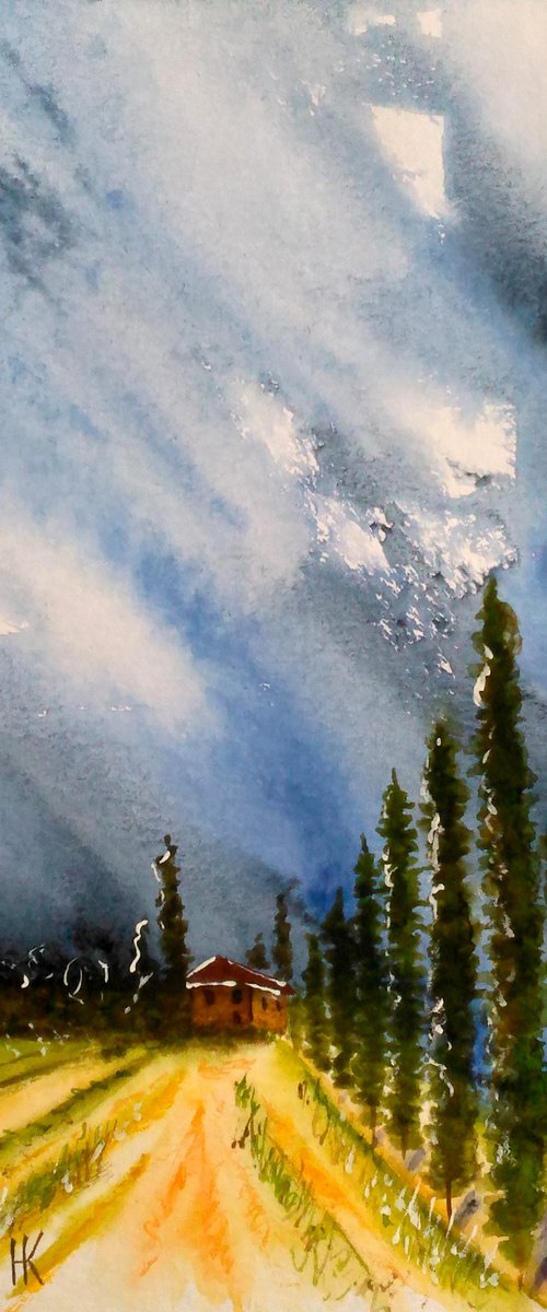 Tuscany Painting Landscape Original Art Poplar Trees Watercolor Artwork Farm House Small Home Wall Art by Halyna Kirichenko
