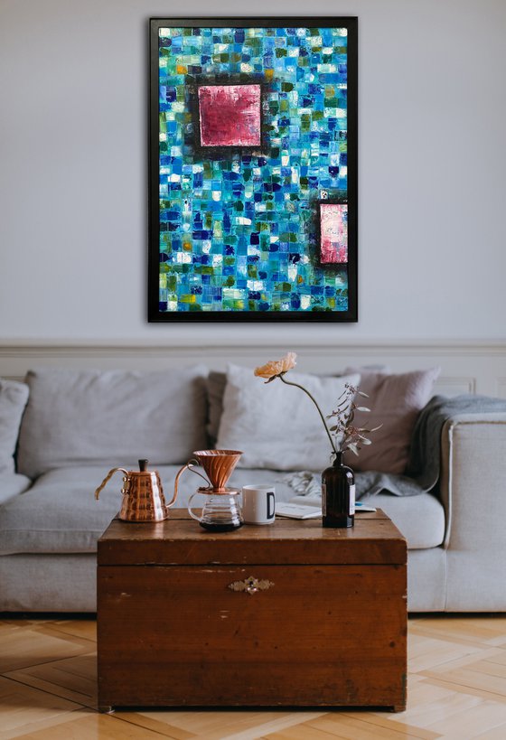 "Mosaic Squared" - Original Highly Textured PMS Abstract Oil Painting On Wood, Framed - 26" x 38"