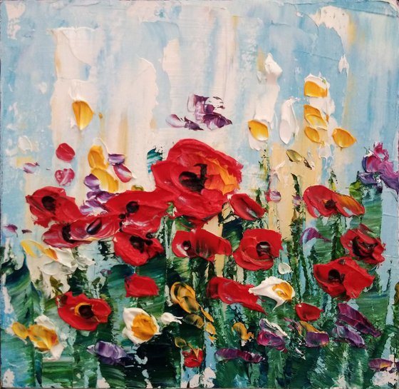 Poppies and wildflowers miniature painting