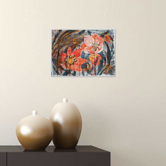 Expressive tulips- floral watercolor painting for the interior of the office and home