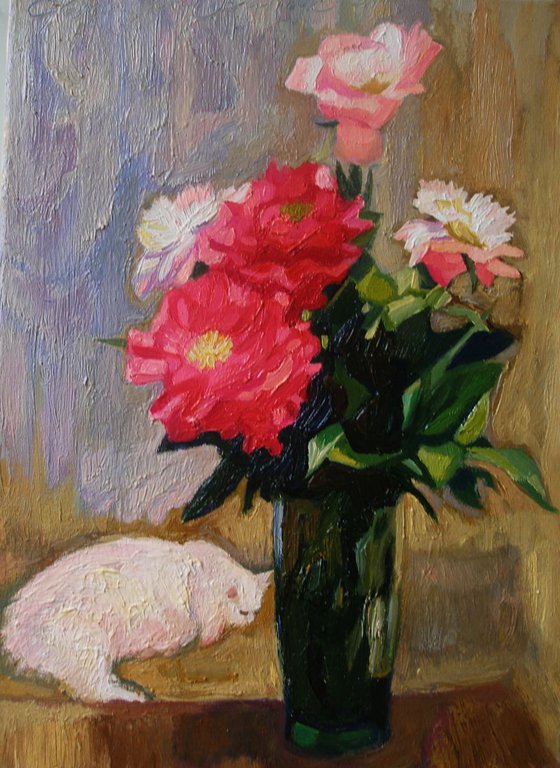 Peonies and white cat