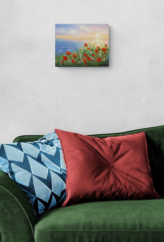 Sunset seascape and poppies