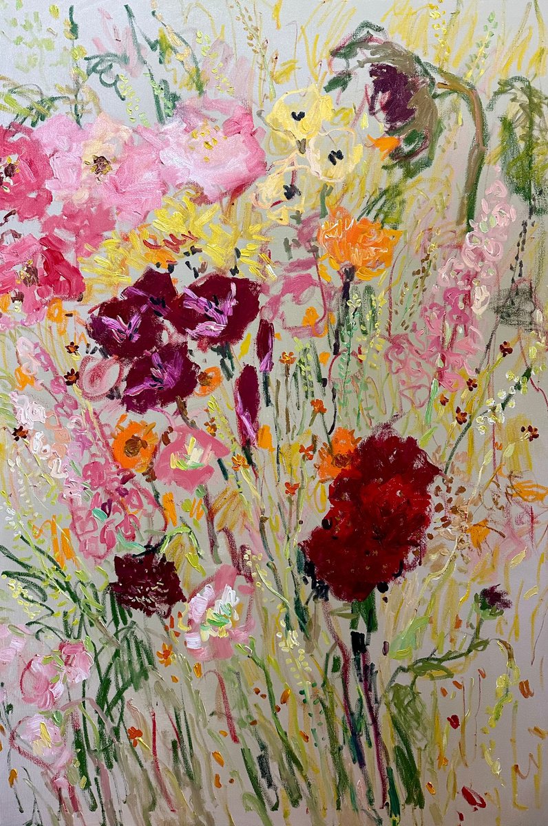 Expressive Botanical Oil Painting By Lilia Orlova-Holmes, 39 X 59", Summer Bliss, Original Artwork