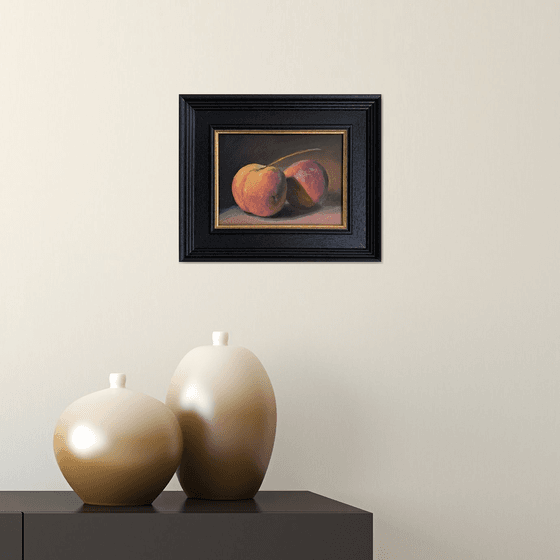 Peaches oil painting classic still life  framed ready to hang.