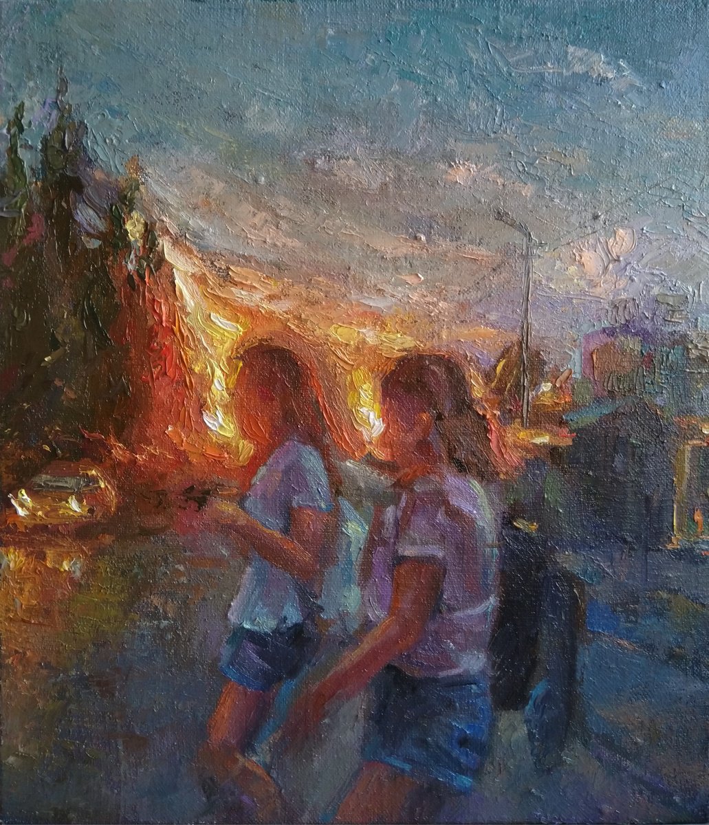 Impressionistic Portrait Oil Painting By Kamsar Ohanyan, 14 X 16", The Tourists, Original Artwork