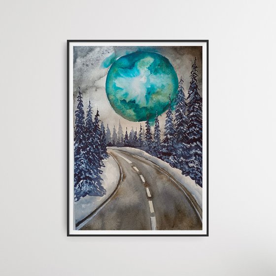 Winter landscape with green moon