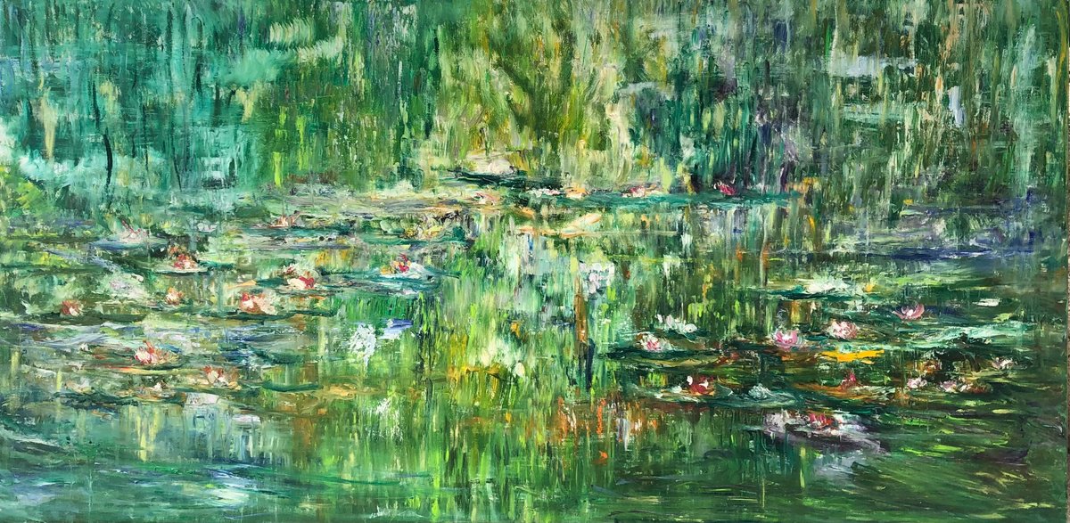 Impressionistic Botanical Oil Painting By Snezana Djordjevic, 63 X 31", The Water Liles-4, Original Artwork