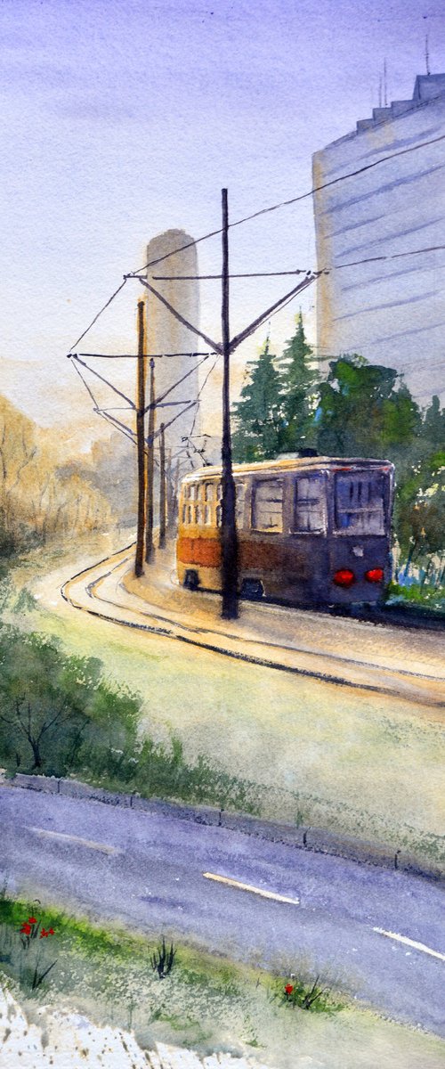 Prvi jutarnji tramvaj Novi Beograd 23x54cm 2022 by Nenad Kojić watercolorist