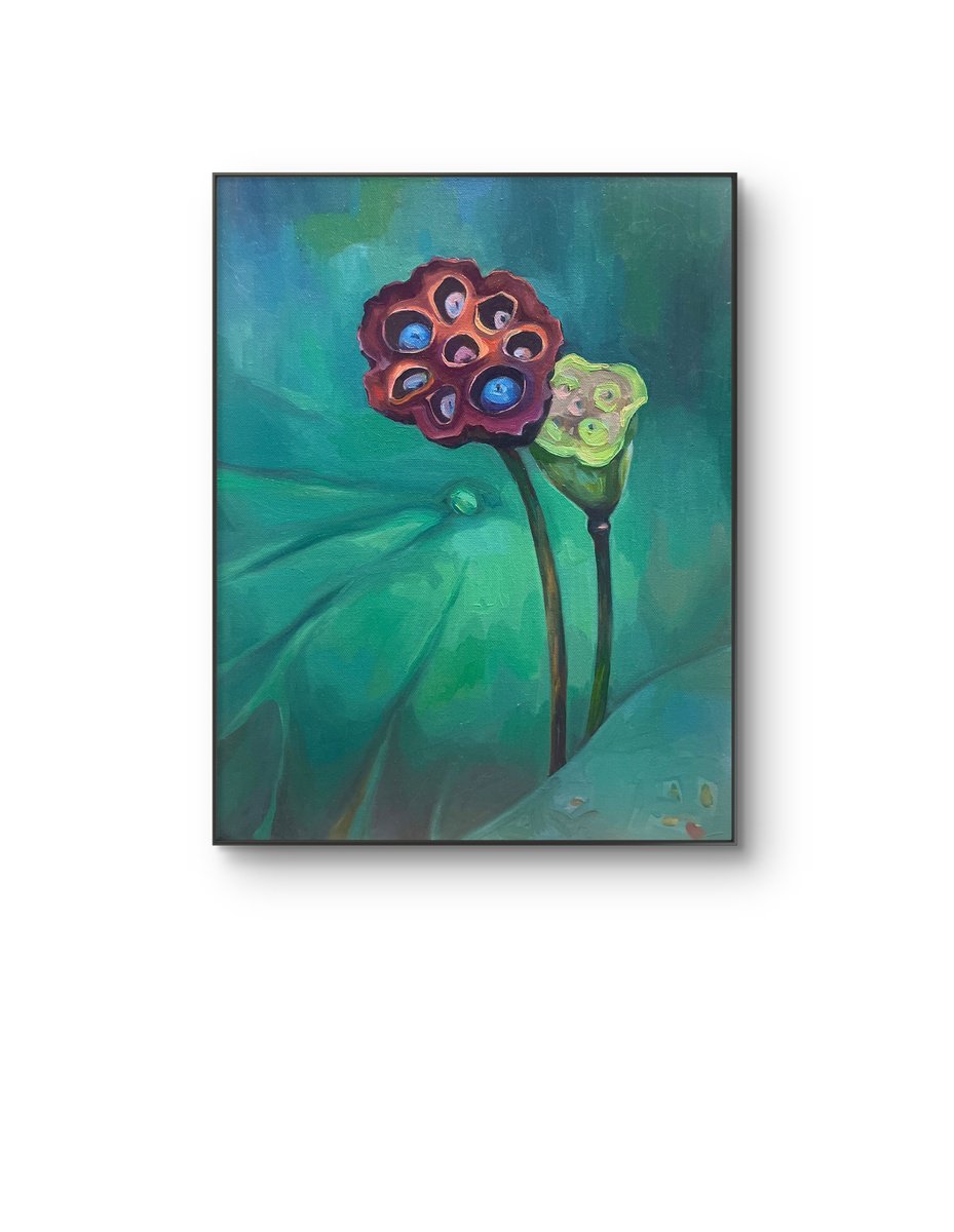 Photorealistic Botanical Oil Painting By Guzel Min, 13 X 16, Lotus Pods, Original Artwork