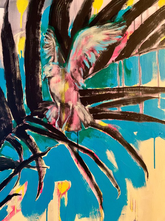 Bright painting - "Flight over a palm tree" - Pop Art - Palms - Bird - Summer - 110x95cm