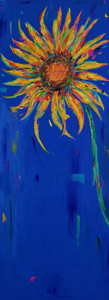 Impressionistic Botanical Acrylic Painting By Dawn Underwood, 12 X 31, Sunflower, Original Artwork