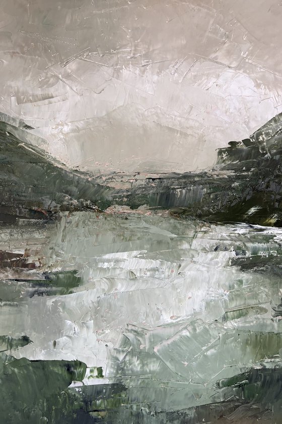 Dark textured green lagoon river mountains