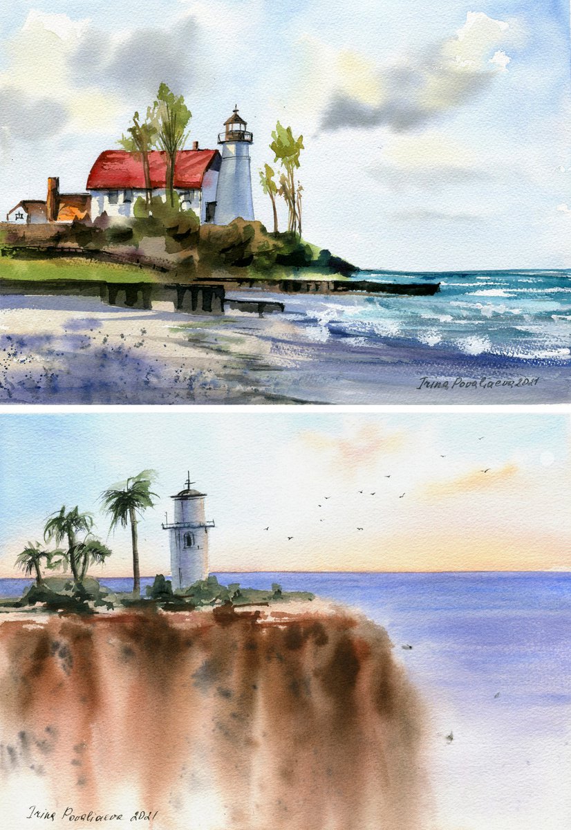 Set of two watercolor landscapes with lighthouse, original watercolor paintings, beach w... by Irina Povaliaeva