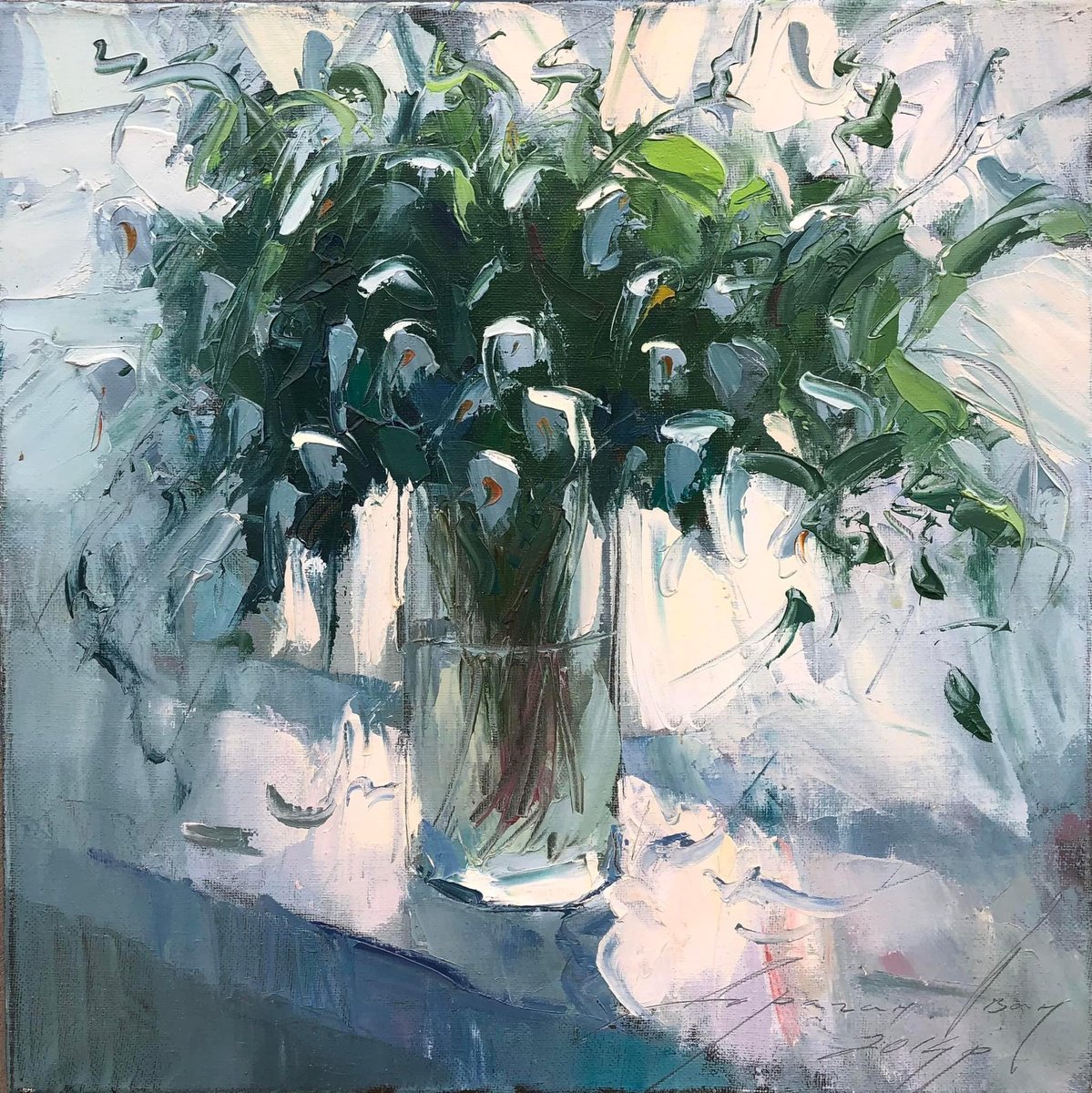 Expressive Botanical Oil Painting By Ivan Dragan, 14 X 14, Snowdrops, Original Artwork