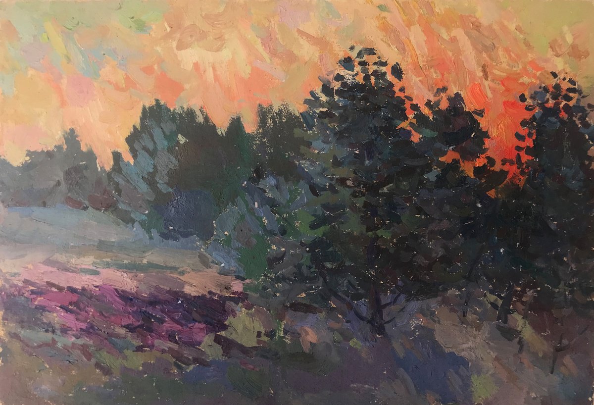 Impressionistic Landscape Oil Painting By Peter Tovpev, 15 X 8", Sunset Behind The Forest, Original Artwork