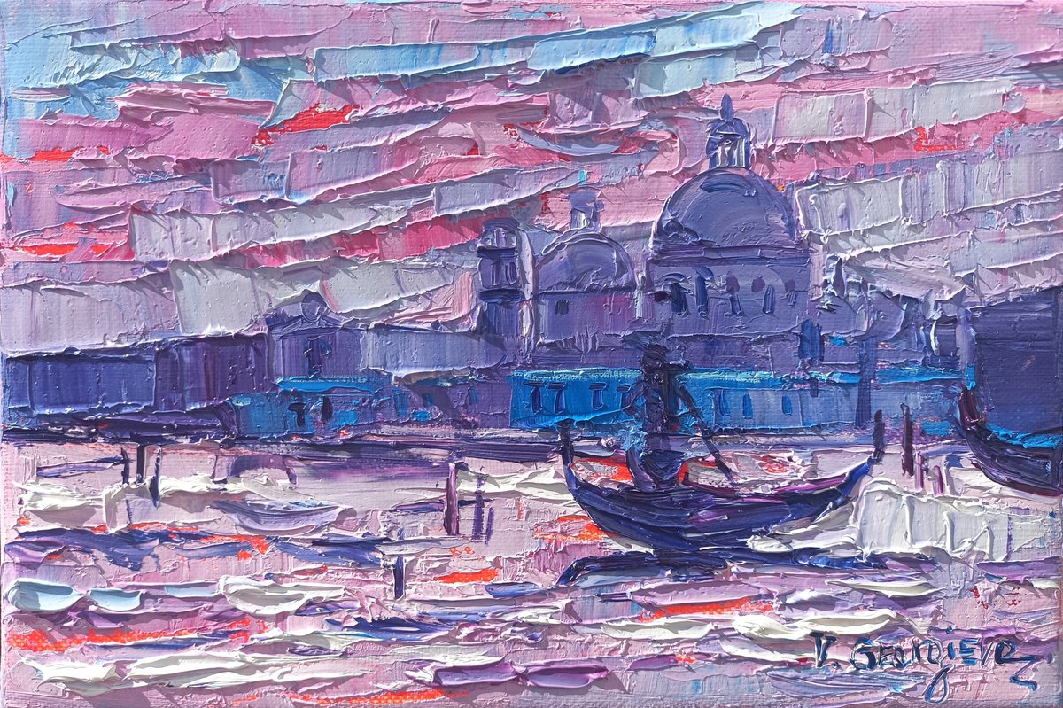 Impressionistic Cityscapes Oil Painting By Vanya Georgieva, 12 X 8", Violet Venice, Original Artwork
