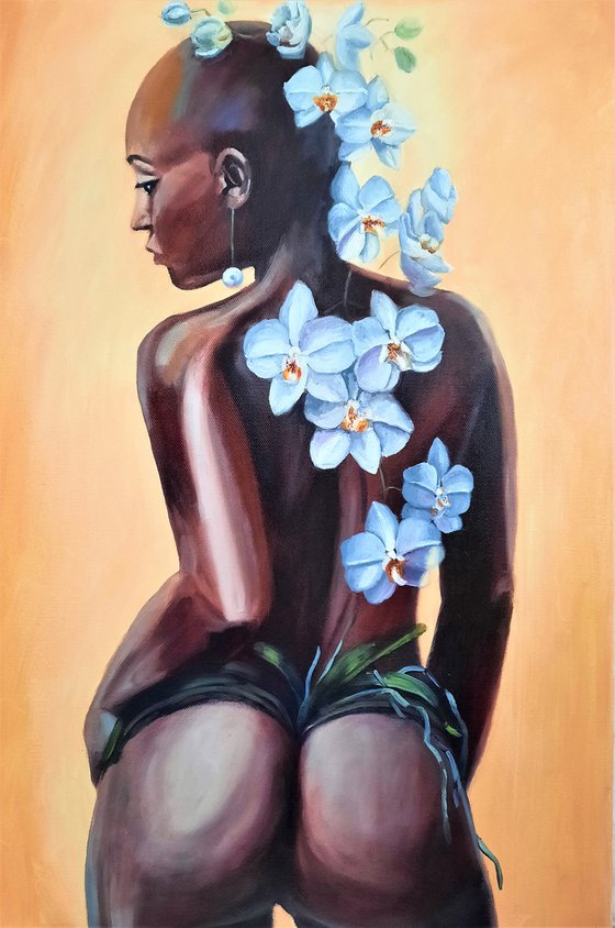 White orchid - dark-skinned girl in the image of a beautiful orchid, interior painting, oil painting.