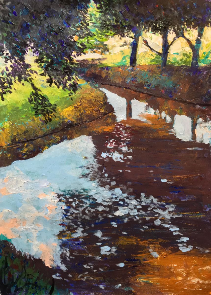 Impressionistic Landscape Acrylic Painting By John Cottee, 22 X 30, At The Bend, Original Artwork