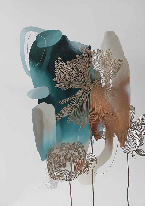 "Thincord 2" Abstract flower teal gold art