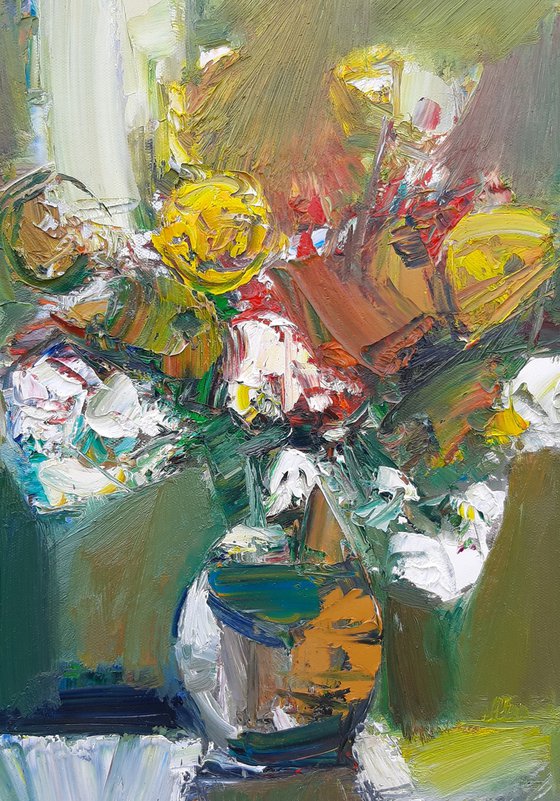 Still life - flowers, 33x50cm, oil painting, palette knife