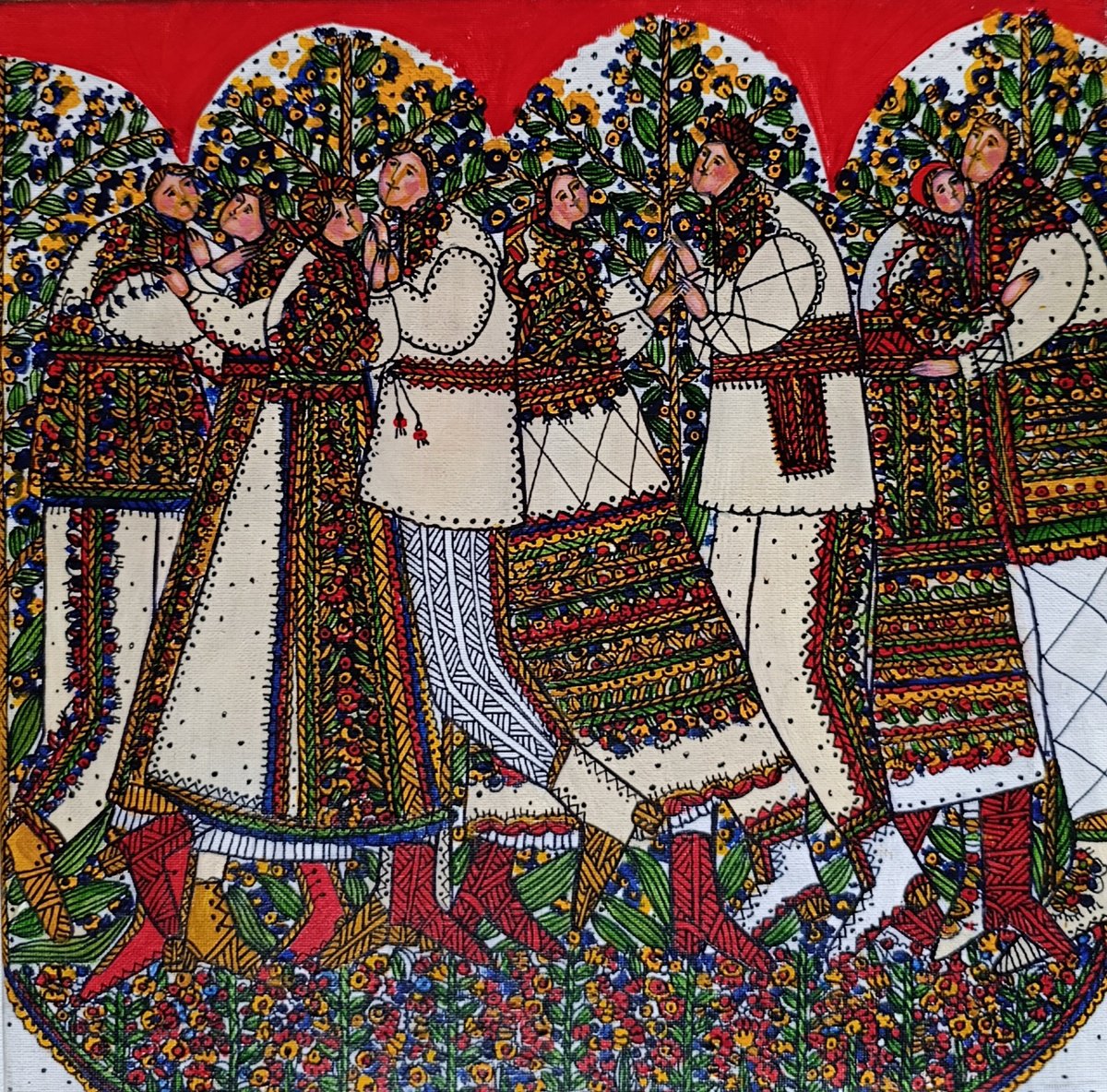 Naive Portrait Acrylic Painting By Tetiana Osadchuk, 12 X 12", Happy, Original Artwork