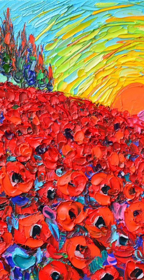 TUSCANY POPPIES HILLS - modern impressionist vibrant colorful floral palette knife oil painting by ANA MARIA EDULESCU