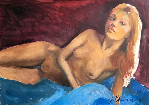 Naked girl in studio, original oil painting by Leo Khomich