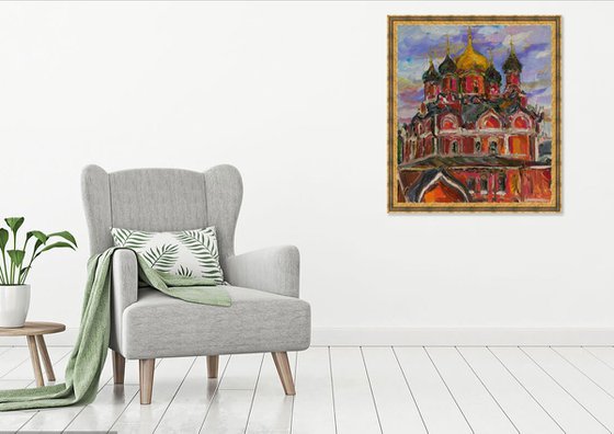 MOSCOW. CHURCH ON VARVARKA STREE - Cityscape, original painting, Russia, Russian church, orthodox, red, impressionism, interior art home decor, Christmas gift