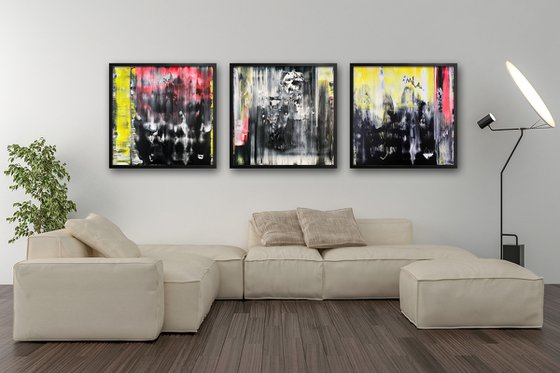 "You And What Army?" - Save As A Series - Original PMS Large Abstract Triptych Acrylic Paintings On Plexiglass, Framed - 78" x 26"