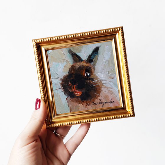 Cute rabbit painting original oil framed 4x4, Small framed art brown rabbit artwork