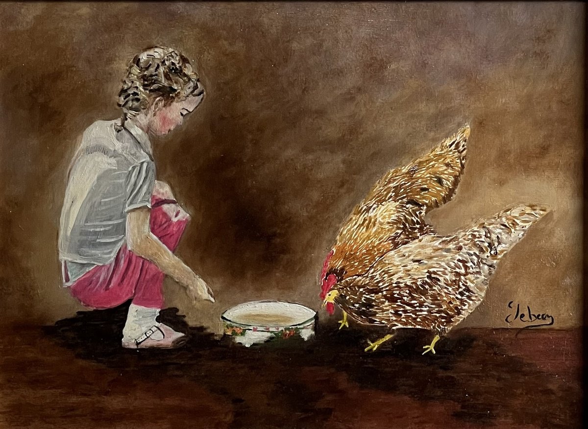 Impressionistic Animal Oil Painting By Isabelle Lucas, 20 X 15, Child And Chicken, Original Artwork