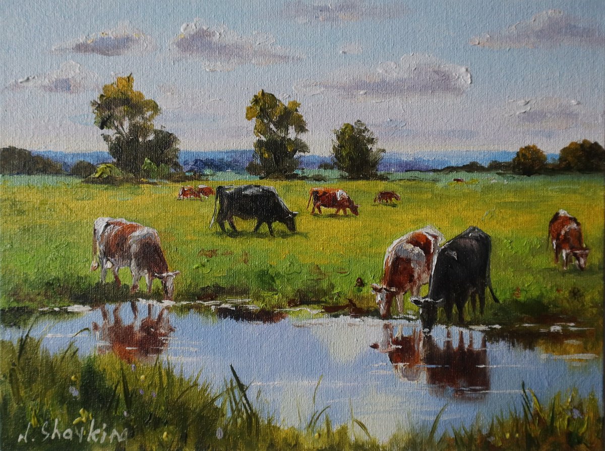 Photorealistic Oil Painting , Cows By The River, Sunny Day By Natalia Shaykina, 11 X 9, Artwork For Sale On Artfinder